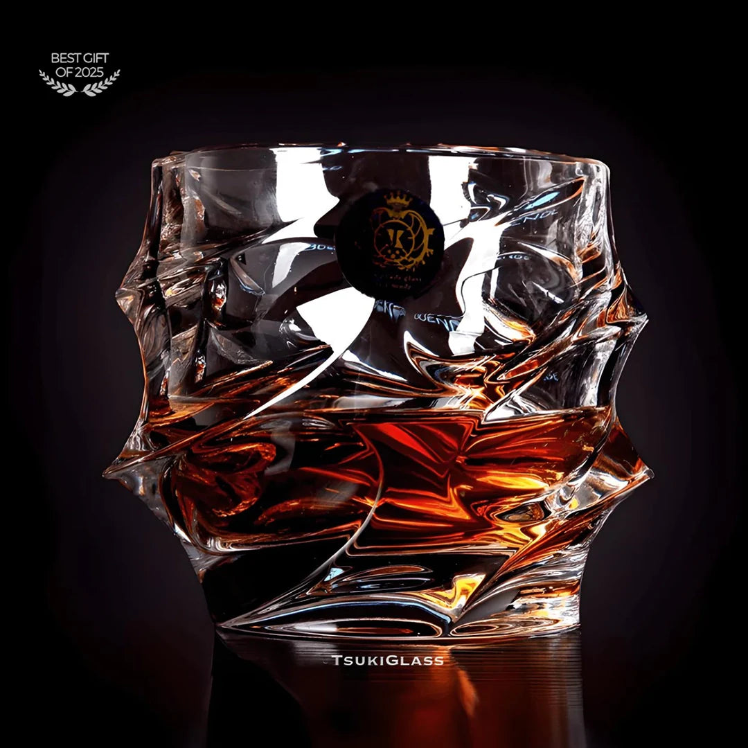 Handcrafted Storm Crystal Whisky Glass with textured exterior and smooth interior, filled with amber whisky