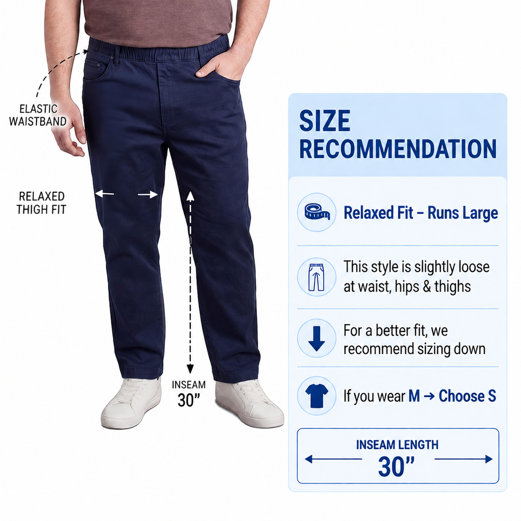Men's lightweight pull-on jeans in denim and twill with elastic waistband, relaxed fit through seat and thigh