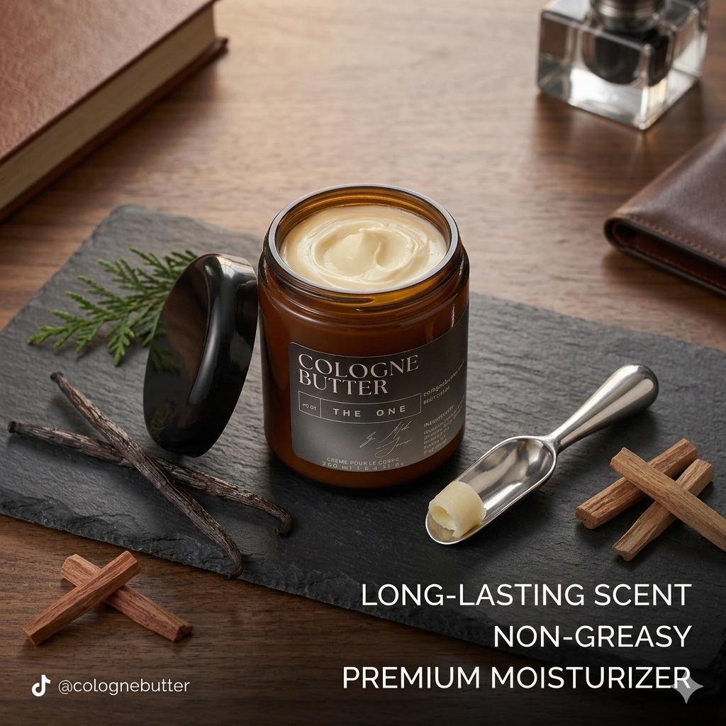 CB Cologne Butter The One body butter jar open showing creamy texture with warm amber and vanilla fragrance