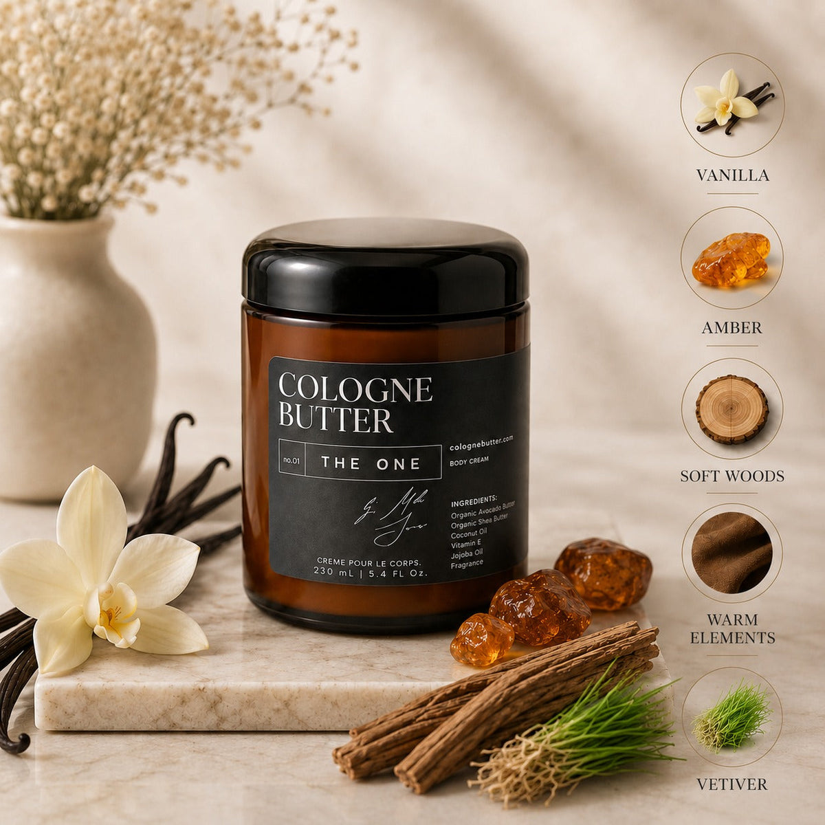 CB Cologne Butter The One body butter jar open showing creamy texture with warm amber and vanilla fragrance