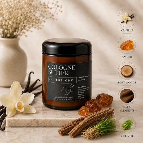 CB Cologne Butter The One body butter jar open showing creamy texture with warm amber and vanilla fragrance