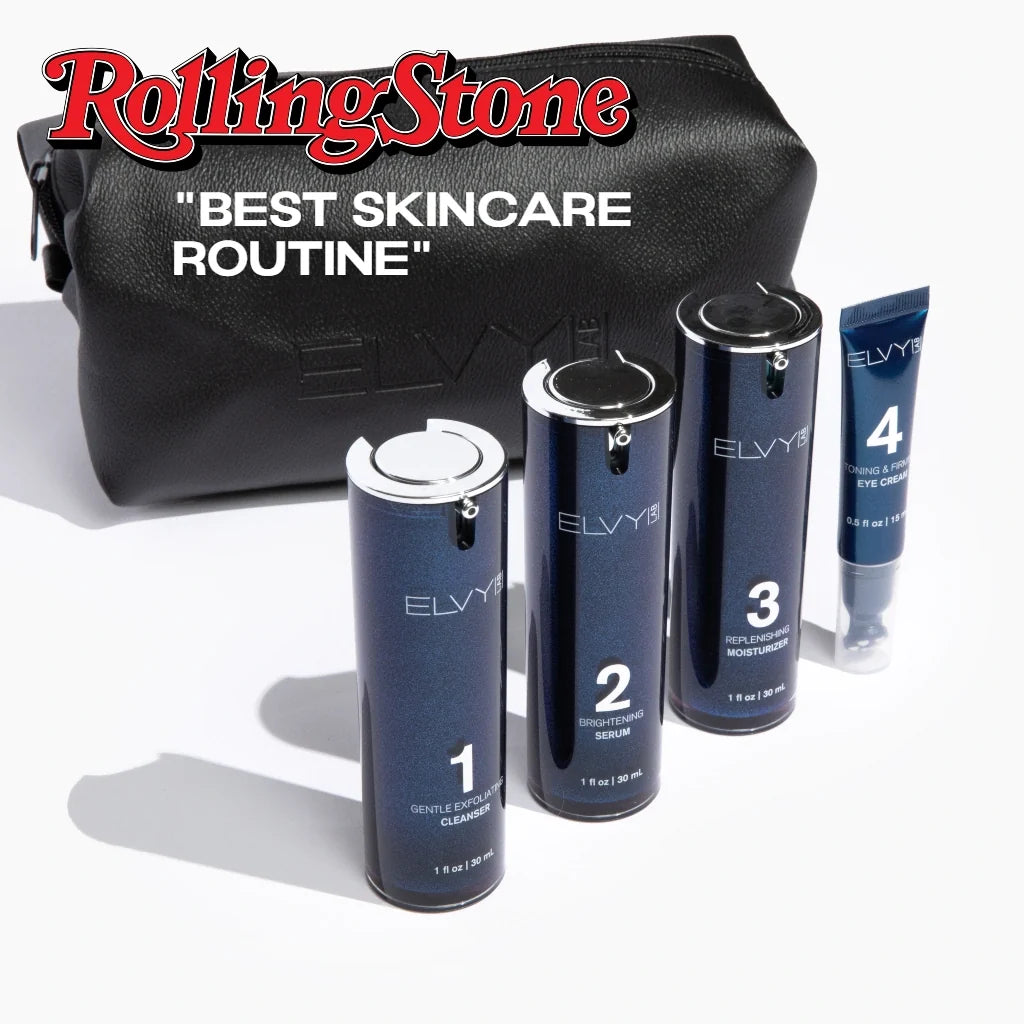 ELVY Lab The Regimen four-step men's daily skincare system kit with numbered products arranged in order