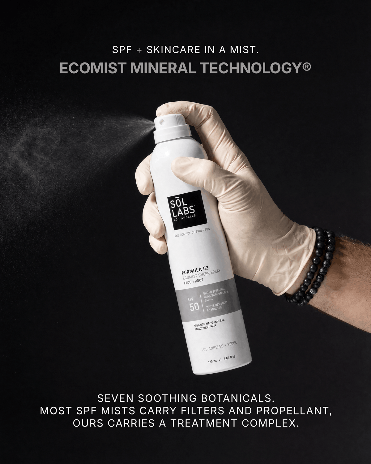 Sol Labs Ecomist Sheer Spray Mineral SPF 50 Face + Body Continuous Mist in a clear plastic bottle with a fine misting nozzle