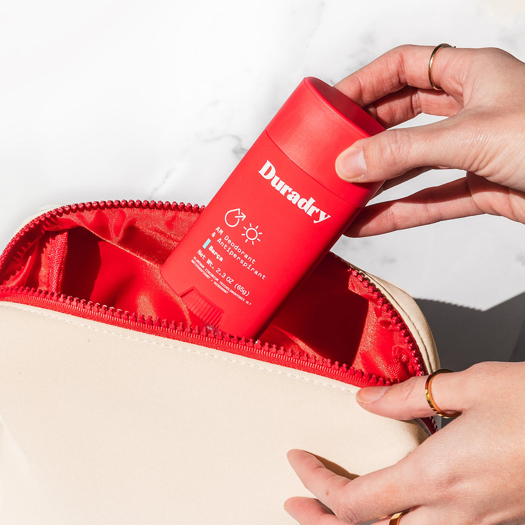 Duradry neoprene travel bag in compact grab-and-go size, lightweight and flexible for travel organization