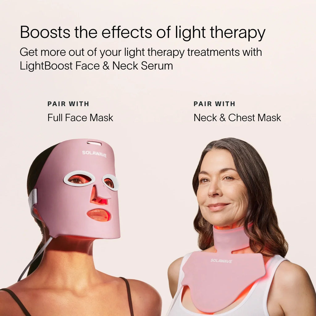 Solawave LightBoost Face and Neck Serum bottle with lightweight peptide and growth factor formula on a clean surface