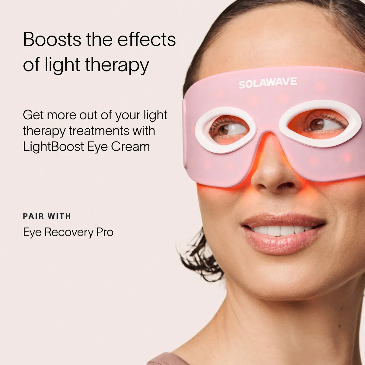 Solawave LightBoost Eye Cream tube on a clean surface, showcasing the silky cooling formula for dark circles and puffiness