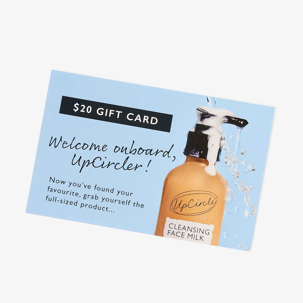 UpCircle Pamper + Gift skincare kit with sample-size face and hair care products and a $20 gift card