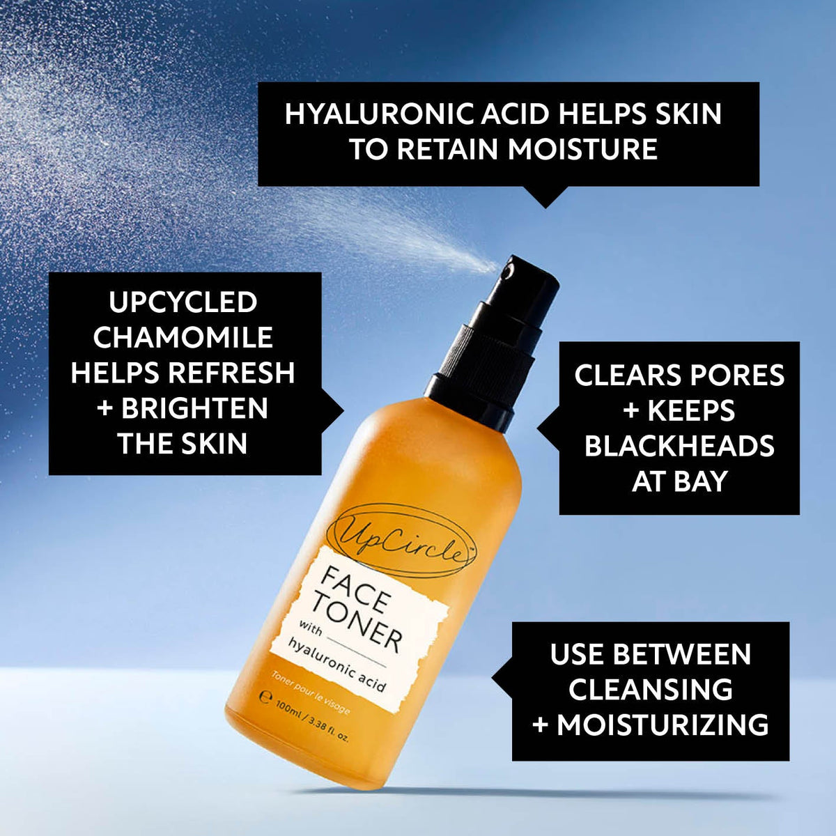 UpCircle Hyaluronic Acid and Chamomile Face Toner in a glass spray bottle with cardboard packaging on a clean surface