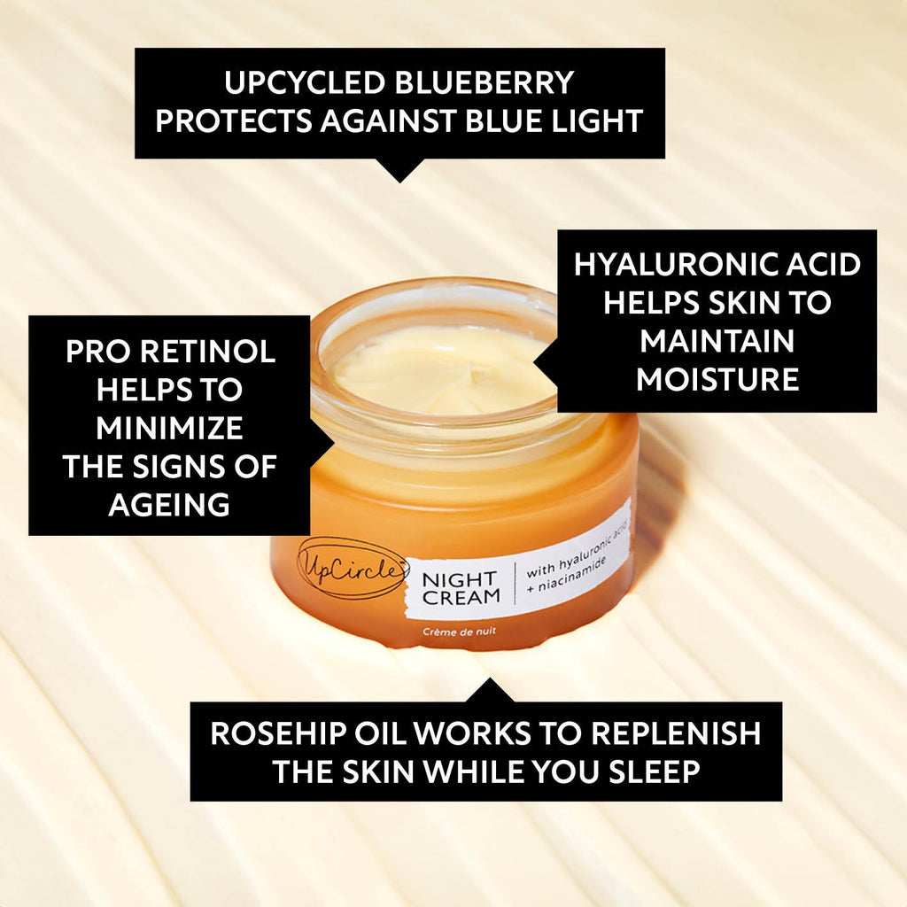 UpCircle Night Cream in glass jar with aluminum lid, showing hyaluronic acid and niacinamide overnight moisturizer