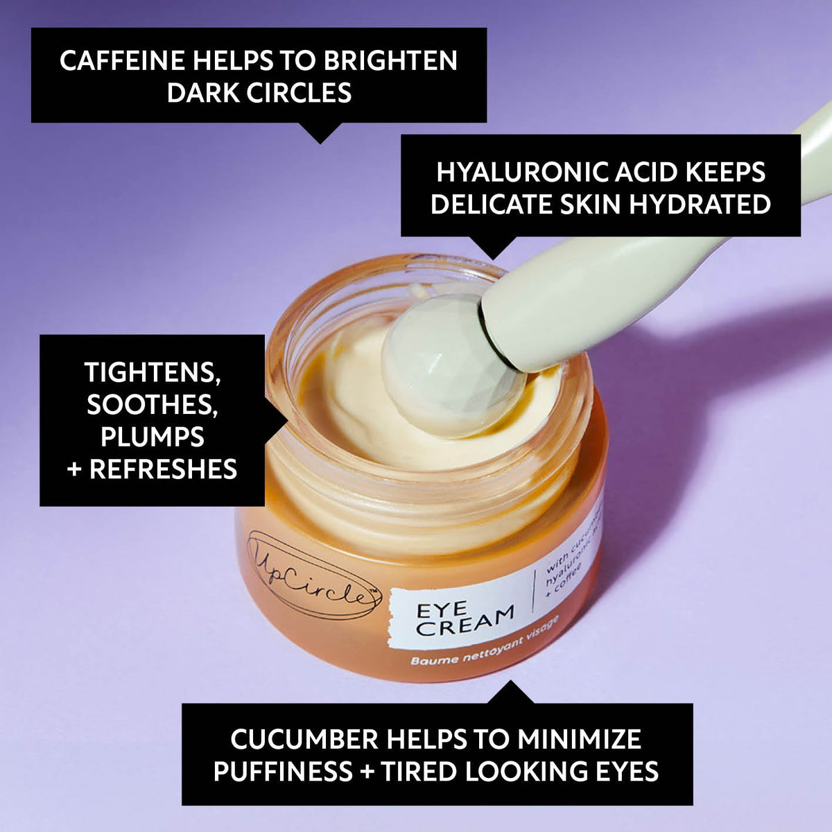 UpCircle eye cream in a glass jar with aluminium lid, showing coffee oil and hyaluronic acid formula for dark circles