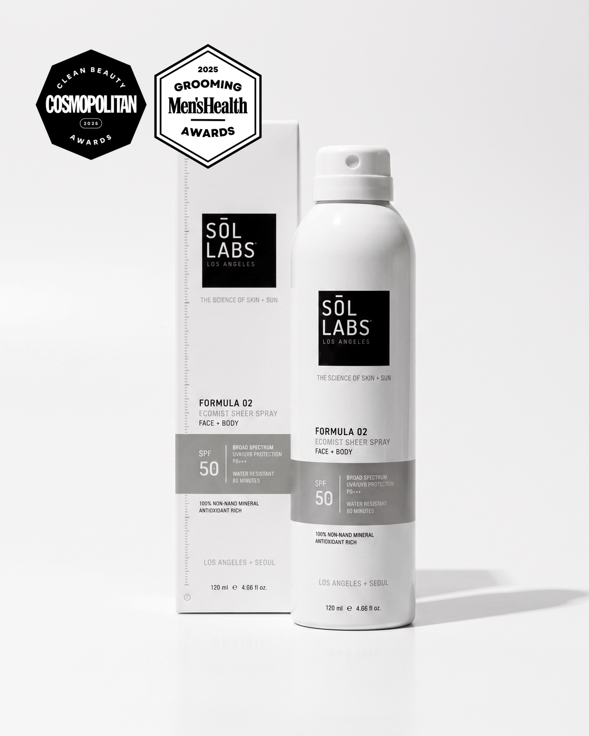 Sol Labs Ecomist Sheer Spray Mineral SPF 50 Face + Body Continuous Mist in a clear plastic bottle with a fine misting nozzle