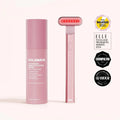 Solawave 4-in-1 red light therapy wand in rose gold next to LightBoost Activating Serum on a clean skincare flat lay