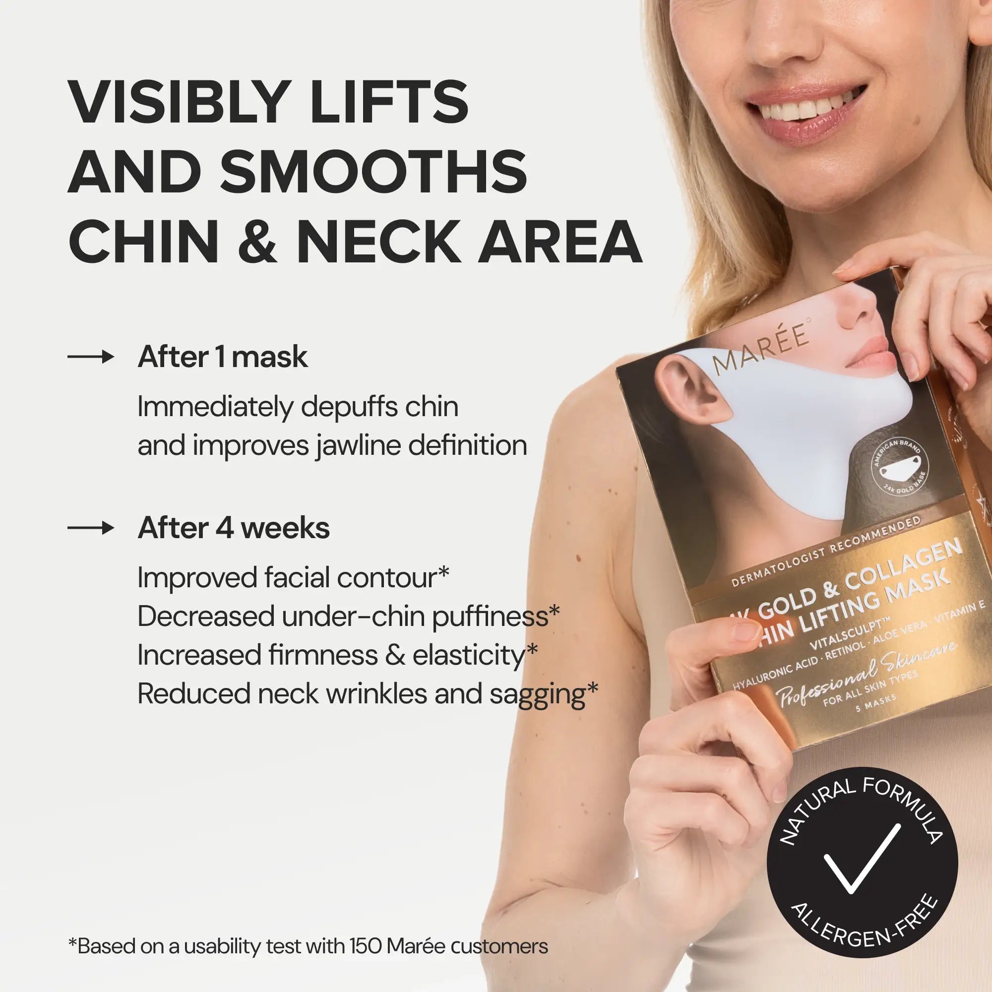 24K gold v-line hydrogel lifting mask displayed flat, showing contoured chin and neck coverage shape