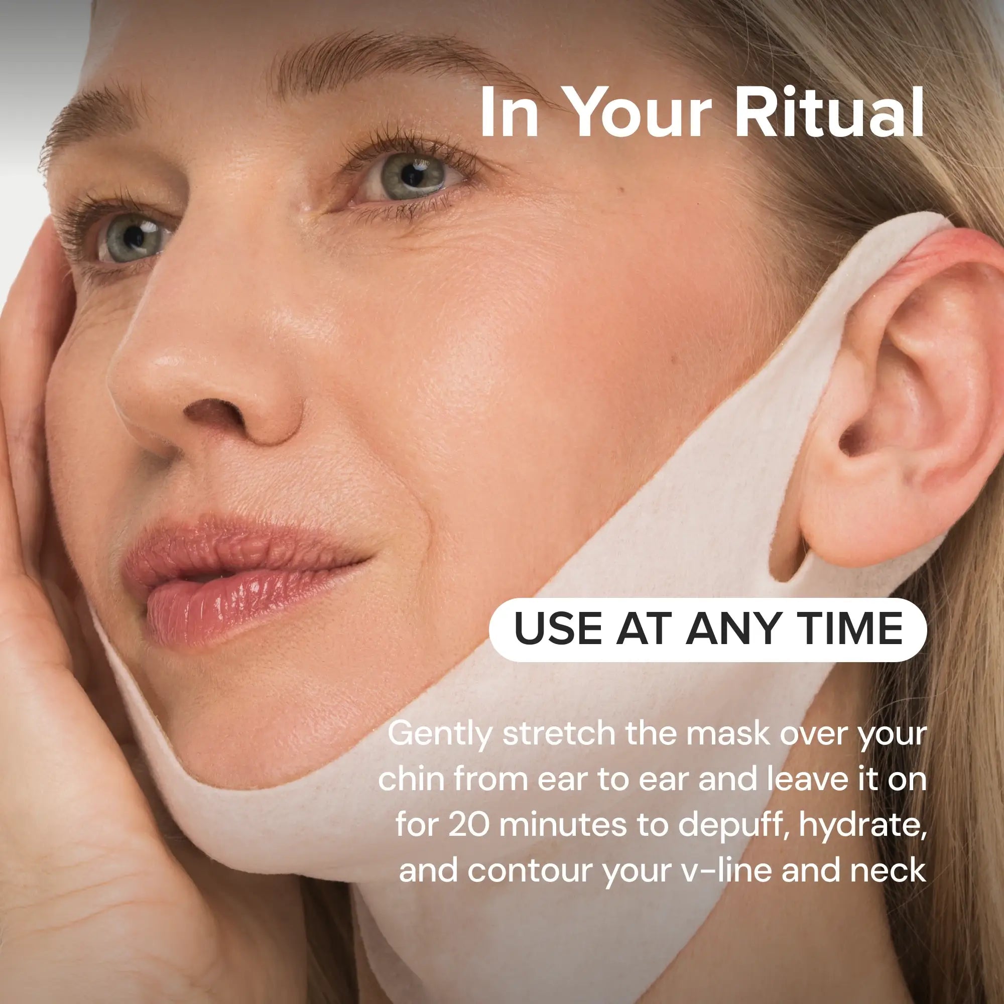 24K gold v-line hydrogel lifting mask displayed flat, showing contoured chin and neck coverage shape