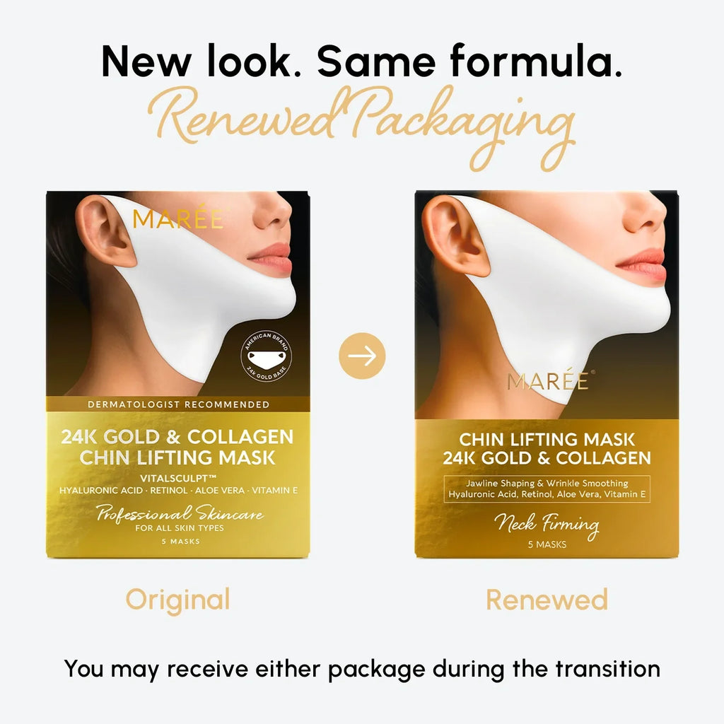 24K gold v-line hydrogel lifting mask displayed flat, showing contoured chin and neck coverage shape