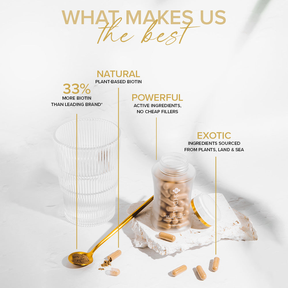 Shedavi herbal hair growth vitamin bottle with botanical ingredients on a clean neutral background