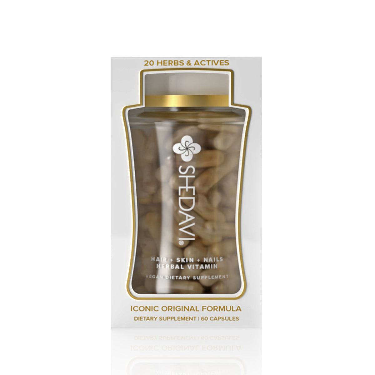 Shedavi herbal hair growth vitamin bottle with botanical ingredients on a clean neutral background