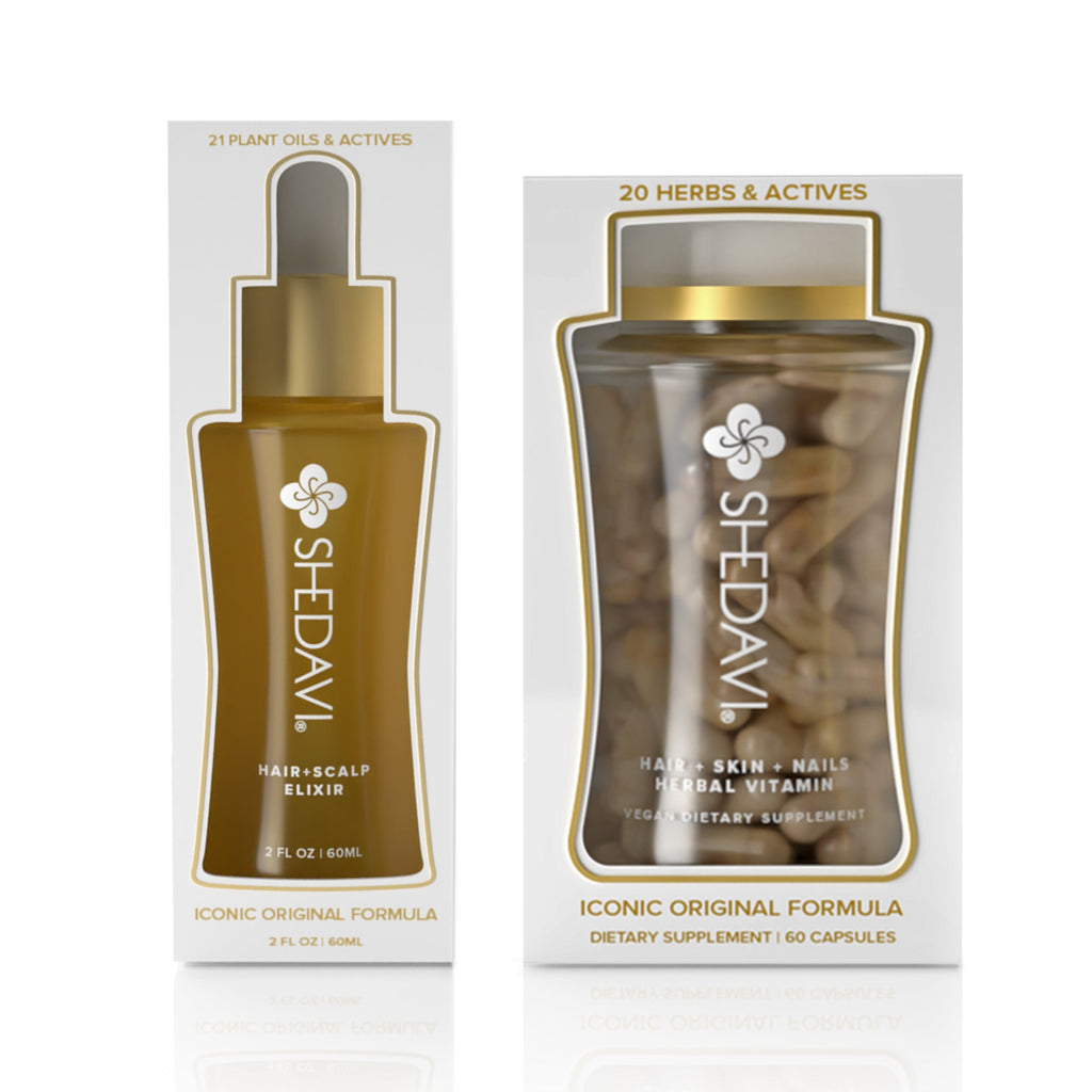 Shedavi Iconic Hair Growth Duo featuring the Hair Skin and Nails Herbal Vitamin bottle and Hair and Scalp Elixir dropper bottle on a neutral background