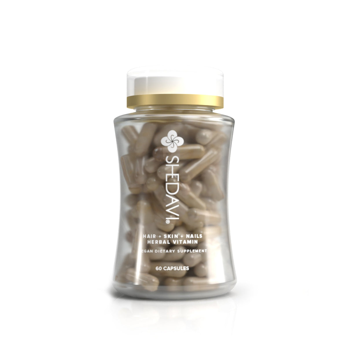 Shedavi herbal hair growth vitamin bottle with botanical ingredients on a clean neutral background