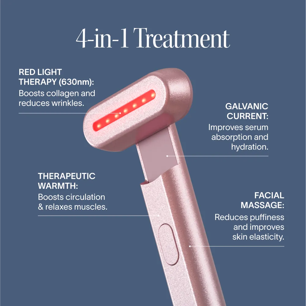 Solawave 4-in-1 red light therapy wand in rose gold next to LightBoost Activating Serum on a clean skincare flat lay