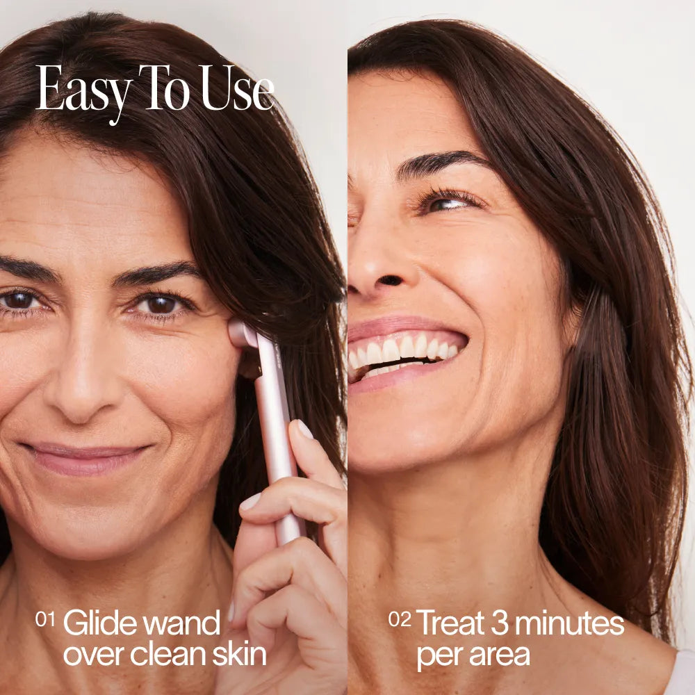 Solawave 4-in-1 red light therapy wand in rose gold next to LightBoost Activating Serum on a clean skincare flat lay