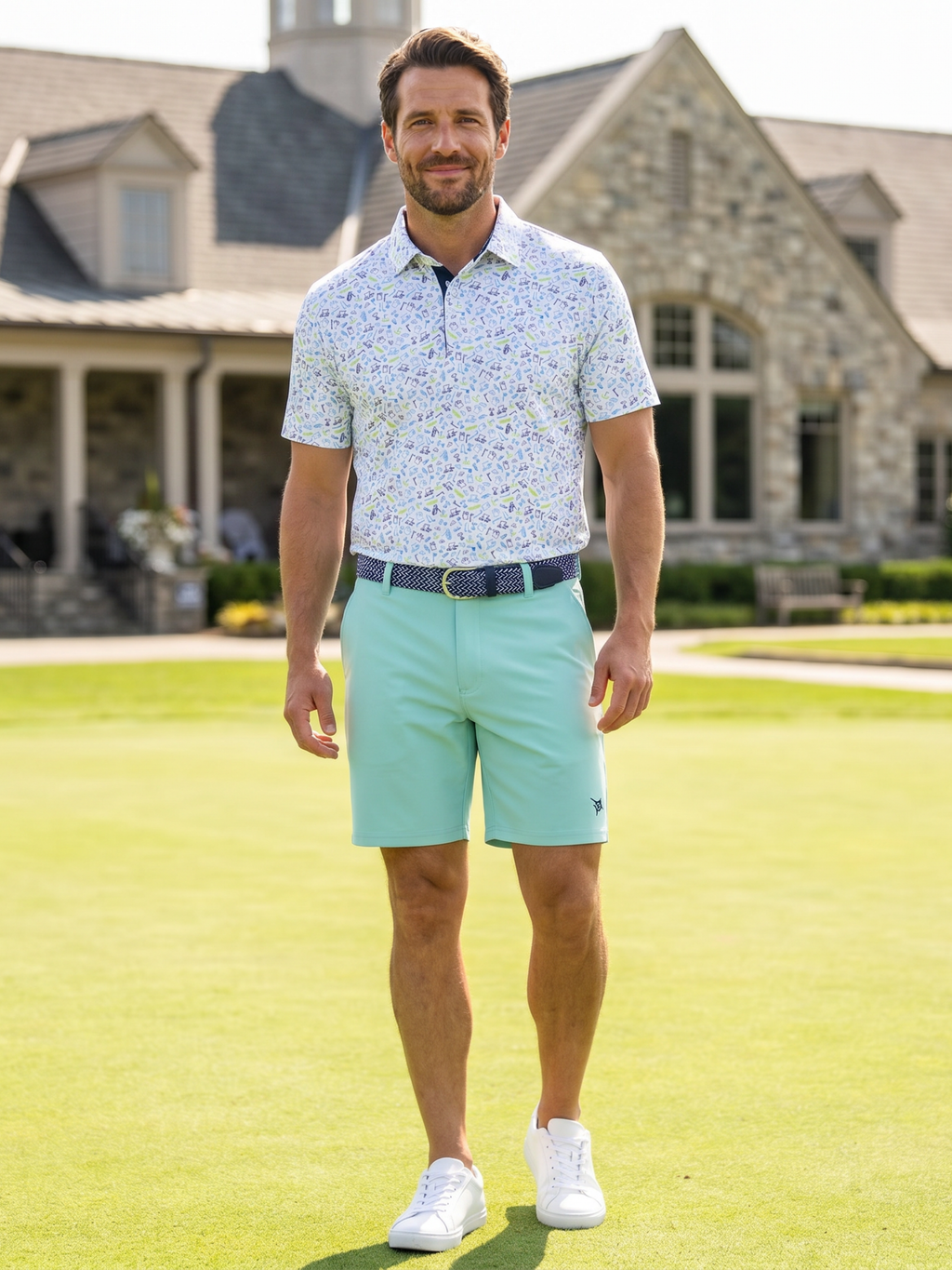 Aqua Freeport performance short laid flat, showing zippered back pocket and relaxed fit