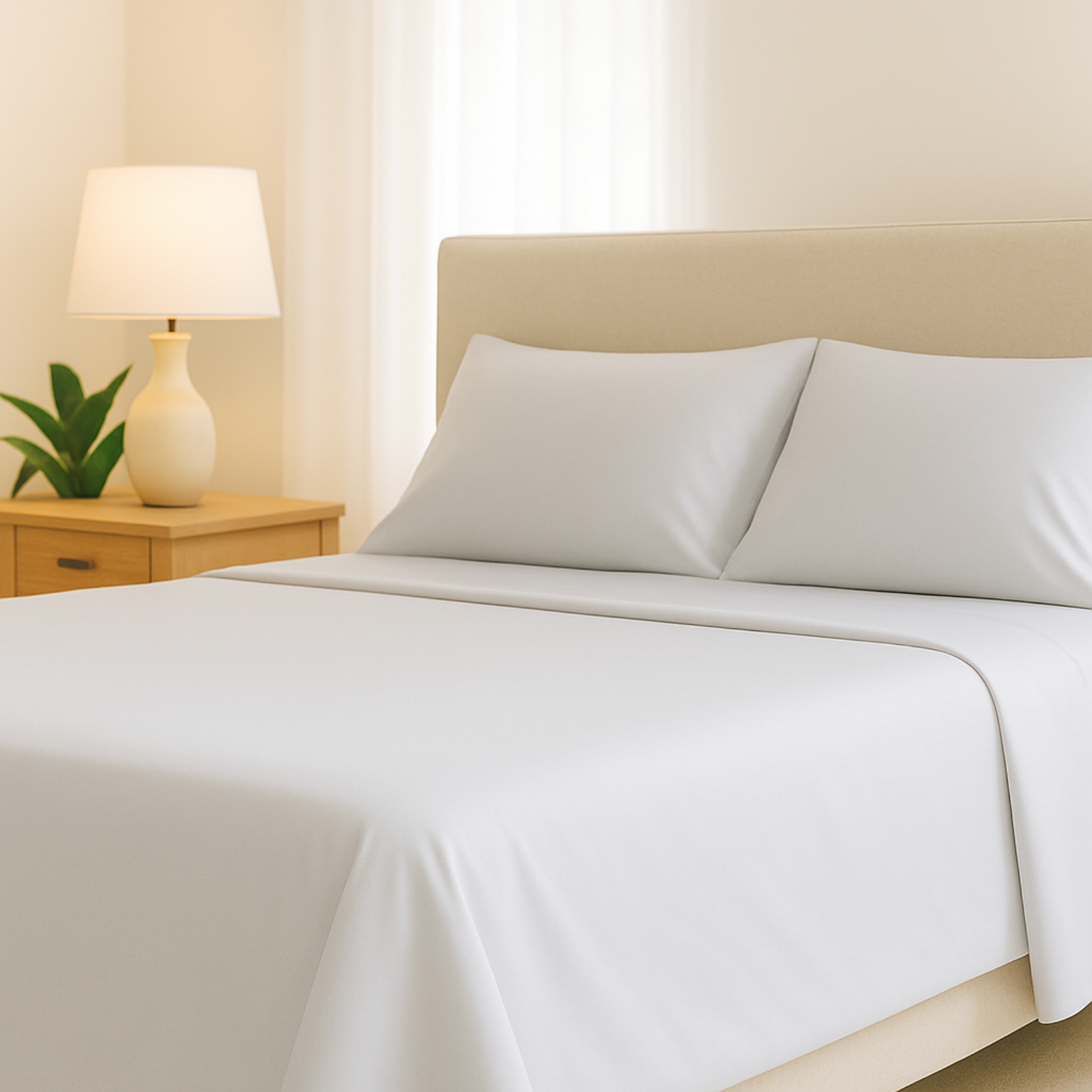 Four-piece bamboo viscose sheet set in neutral tone draped over a neatly made bed, showing silky smooth fabric texture