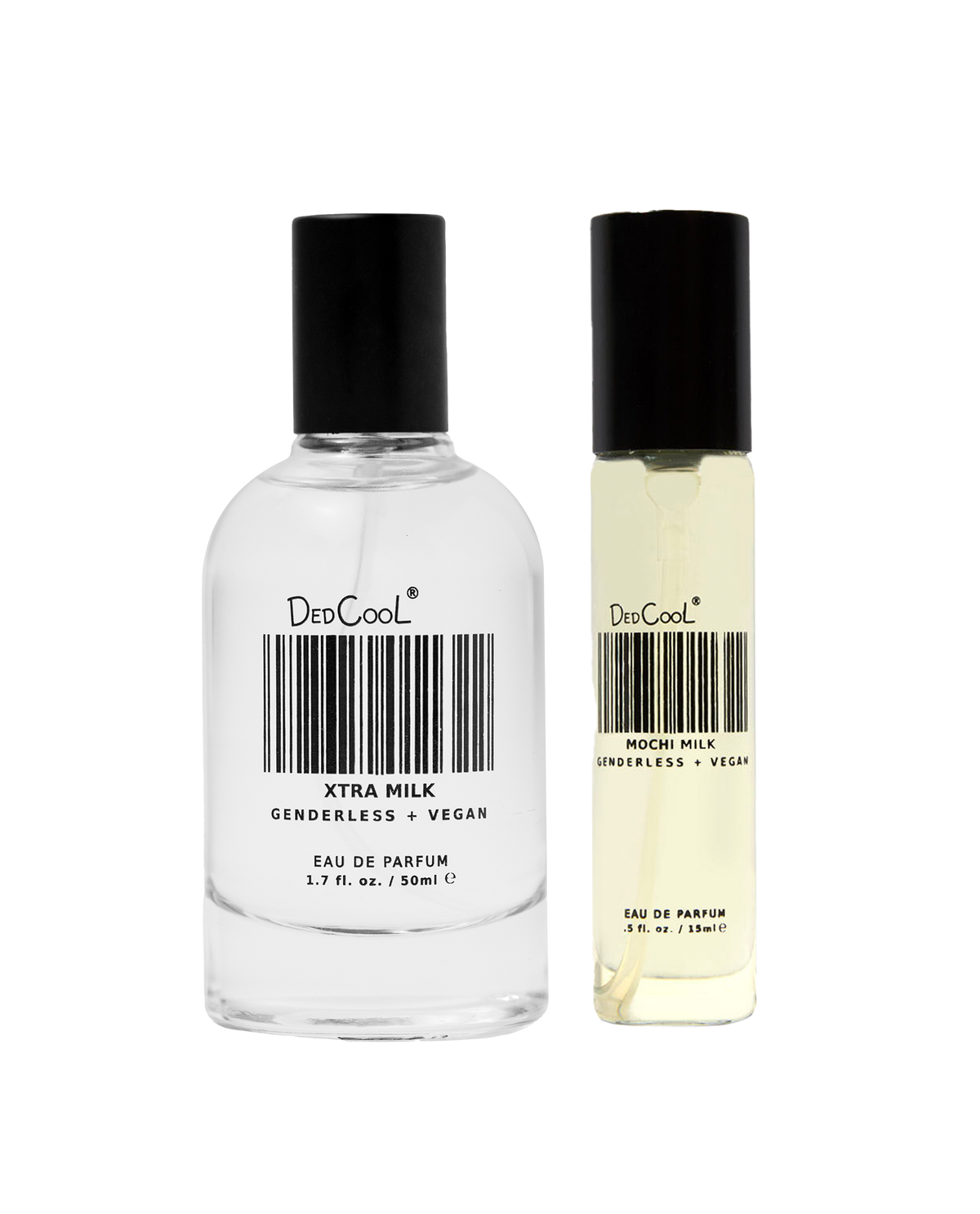 DedCool Xtra Milk full-size bottle and Mochi Milk travel spray side by side on a neutral surface