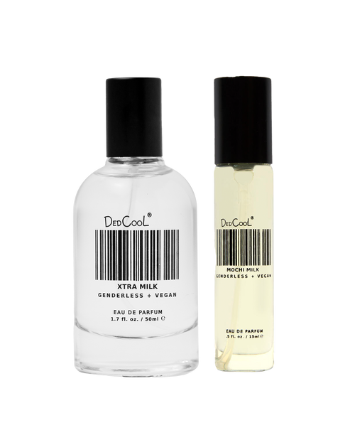 DedCool Xtra Milk full-size bottle and Mochi Milk travel spray side by side on a neutral surface