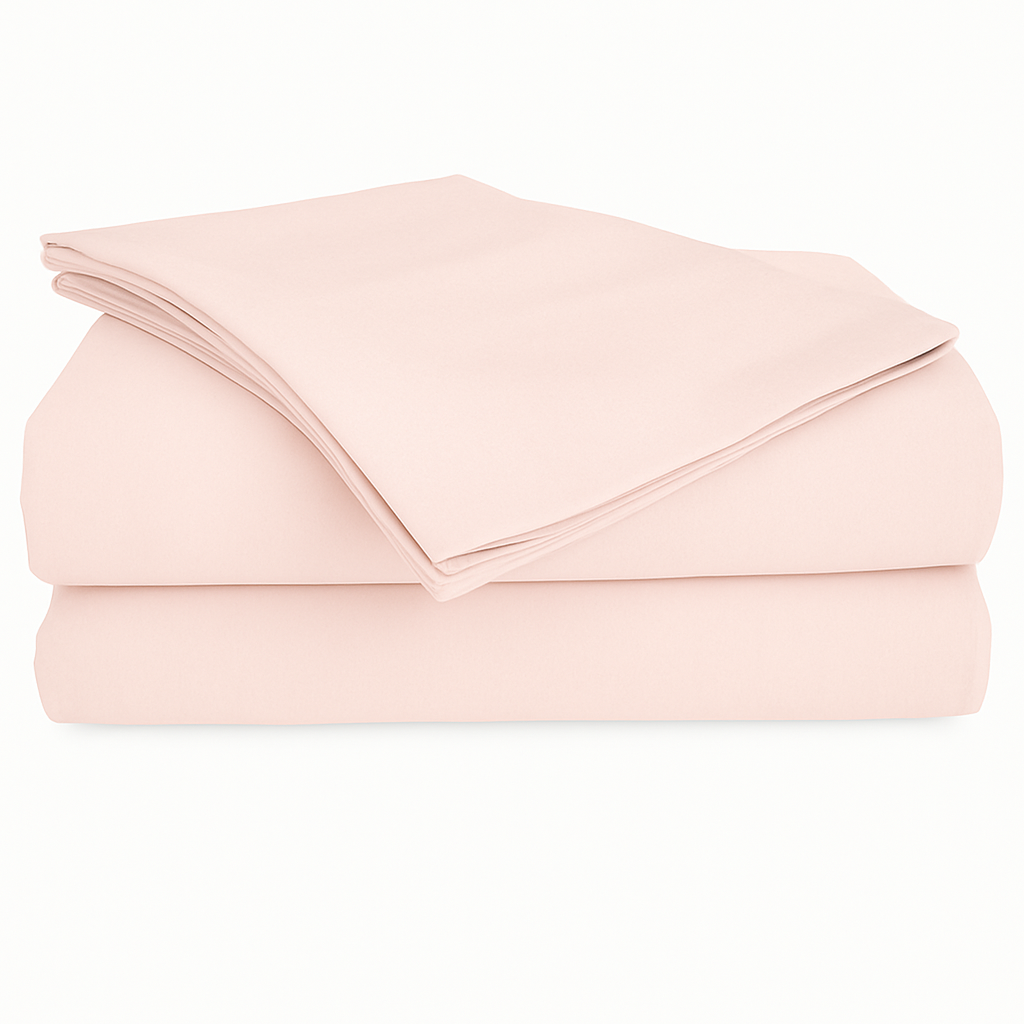 Four-piece bamboo viscose sheet set in neutral tone draped over a neatly made bed, showing silky smooth fabric texture