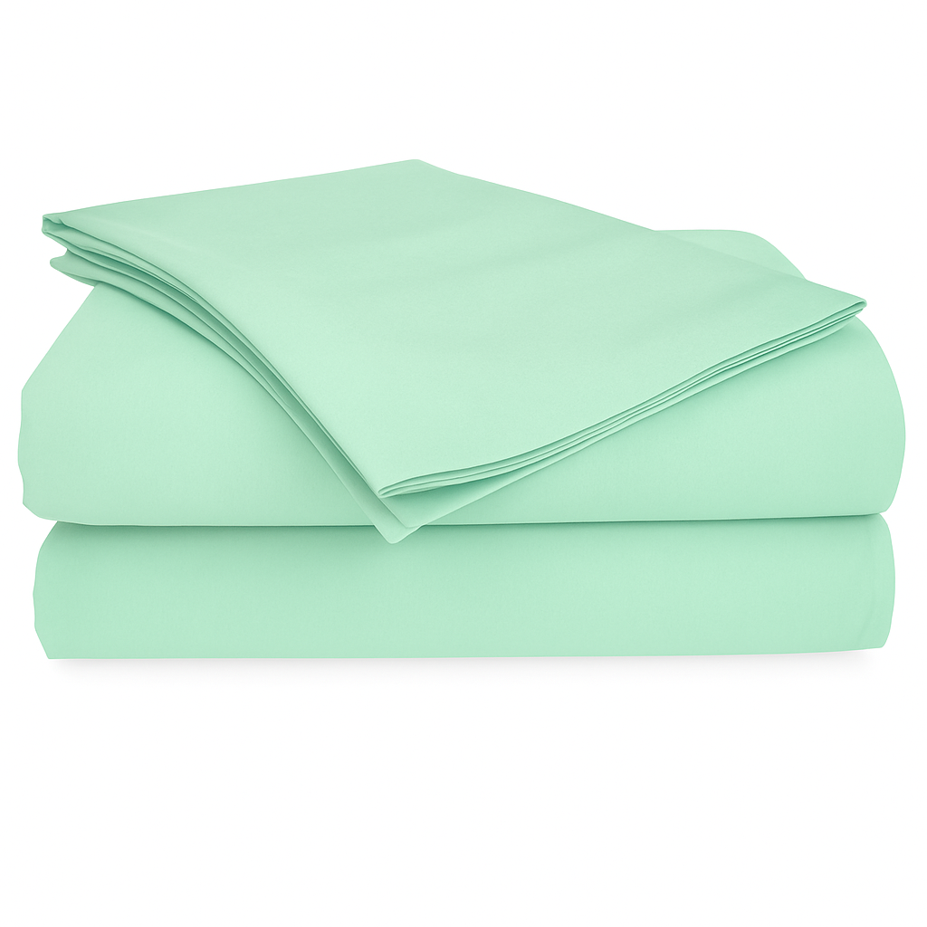 Four-piece bamboo viscose sheet set in neutral tone draped over a neatly made bed, showing silky smooth fabric texture