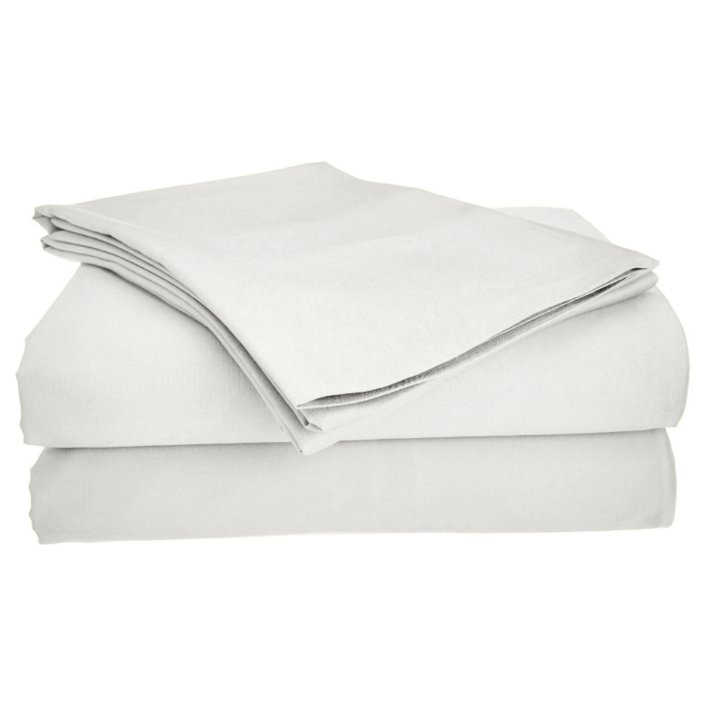 Four-piece bamboo viscose sheet set in neutral tone draped over a neatly made bed, showing silky smooth fabric texture
