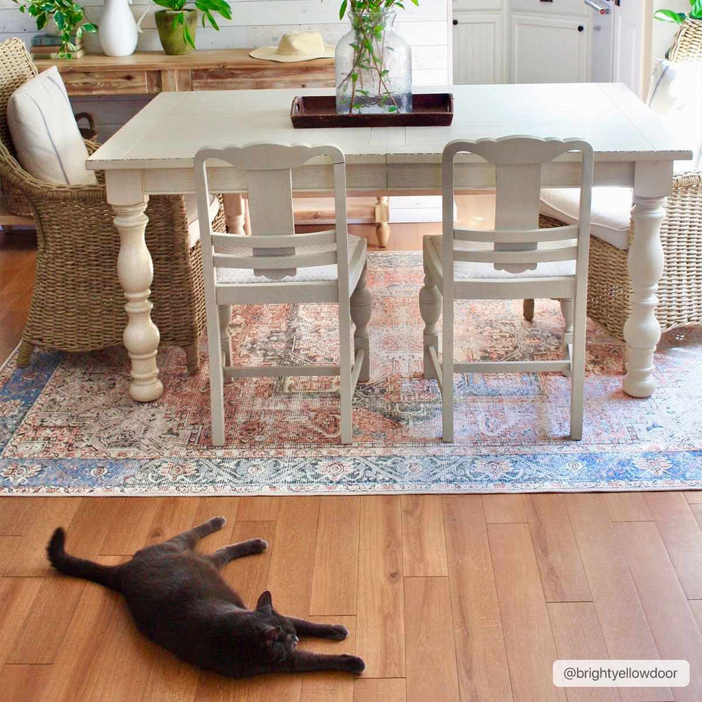 Rosman distressed flat weave area rug in warm red, blue, and earthy tones with vintage-inspired pattern