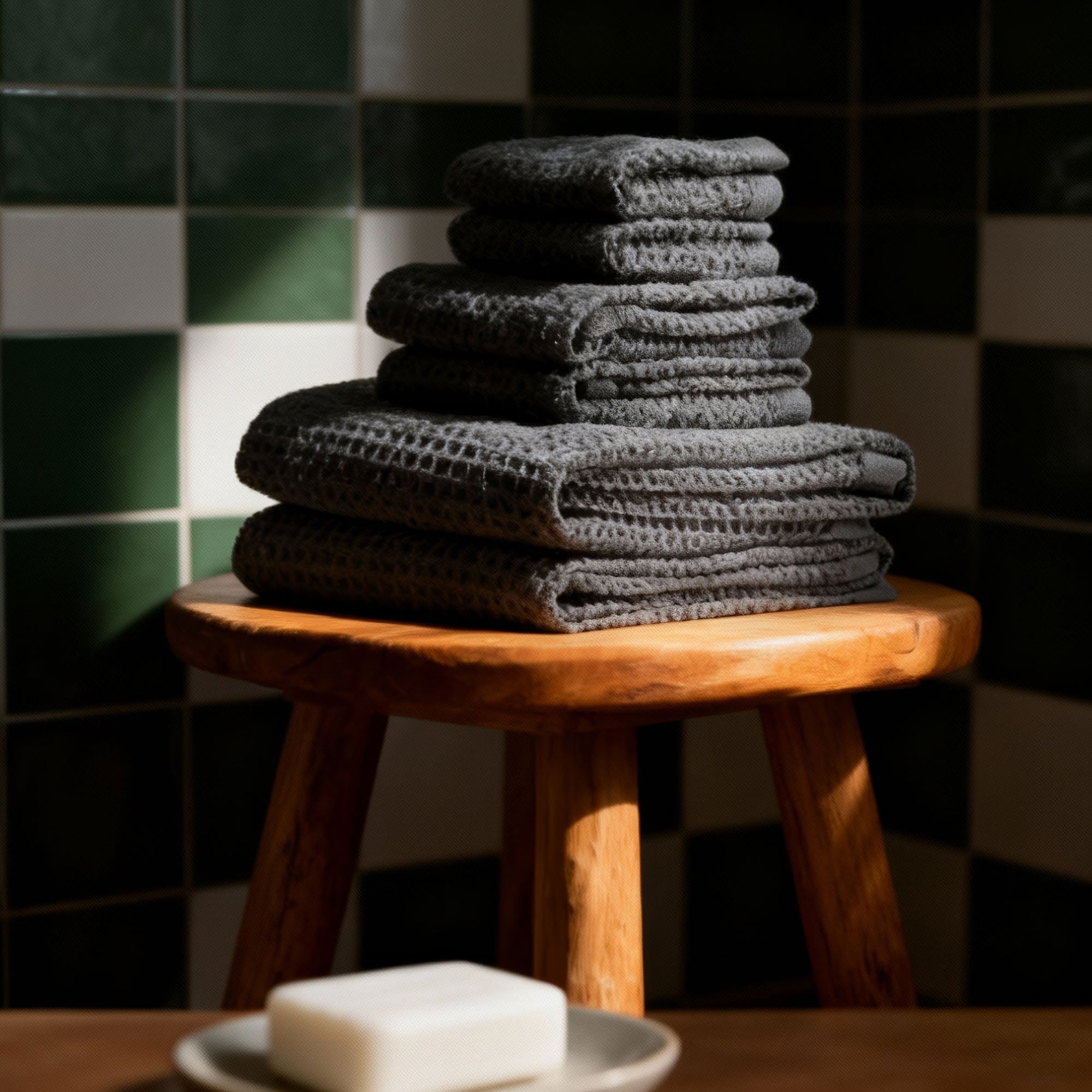 Folded Sedona Australian cotton waffle towels in a neutral colorway, showing dimensional open-weave texture