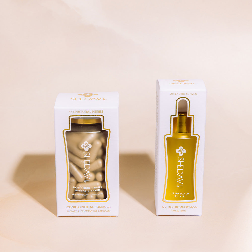 Shedavi Iconic Hair Growth Duo featuring the Hair Skin and Nails Herbal Vitamin bottle and Hair and Scalp Elixir dropper bottle on a neutral background