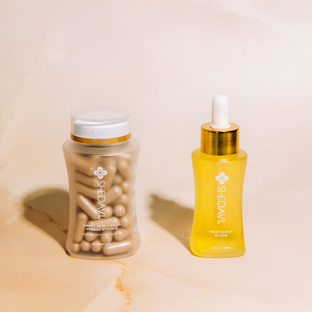 Shedavi Iconic Hair Growth Duo featuring the Hair Skin and Nails Herbal Vitamin bottle and Hair and Scalp Elixir dropper bottle on a neutral background