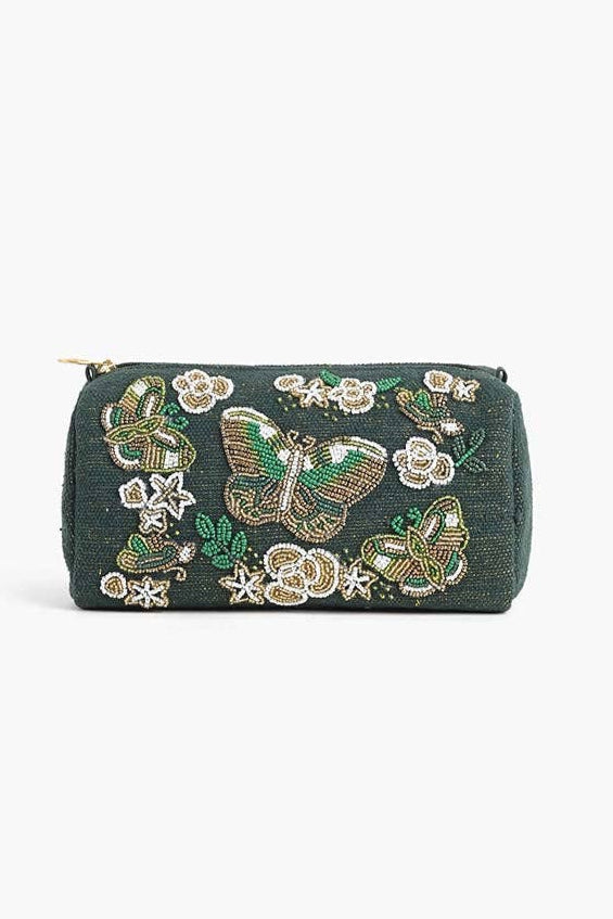 Hunter green hand-beaded pouch with gold and green butterflies and flowers
