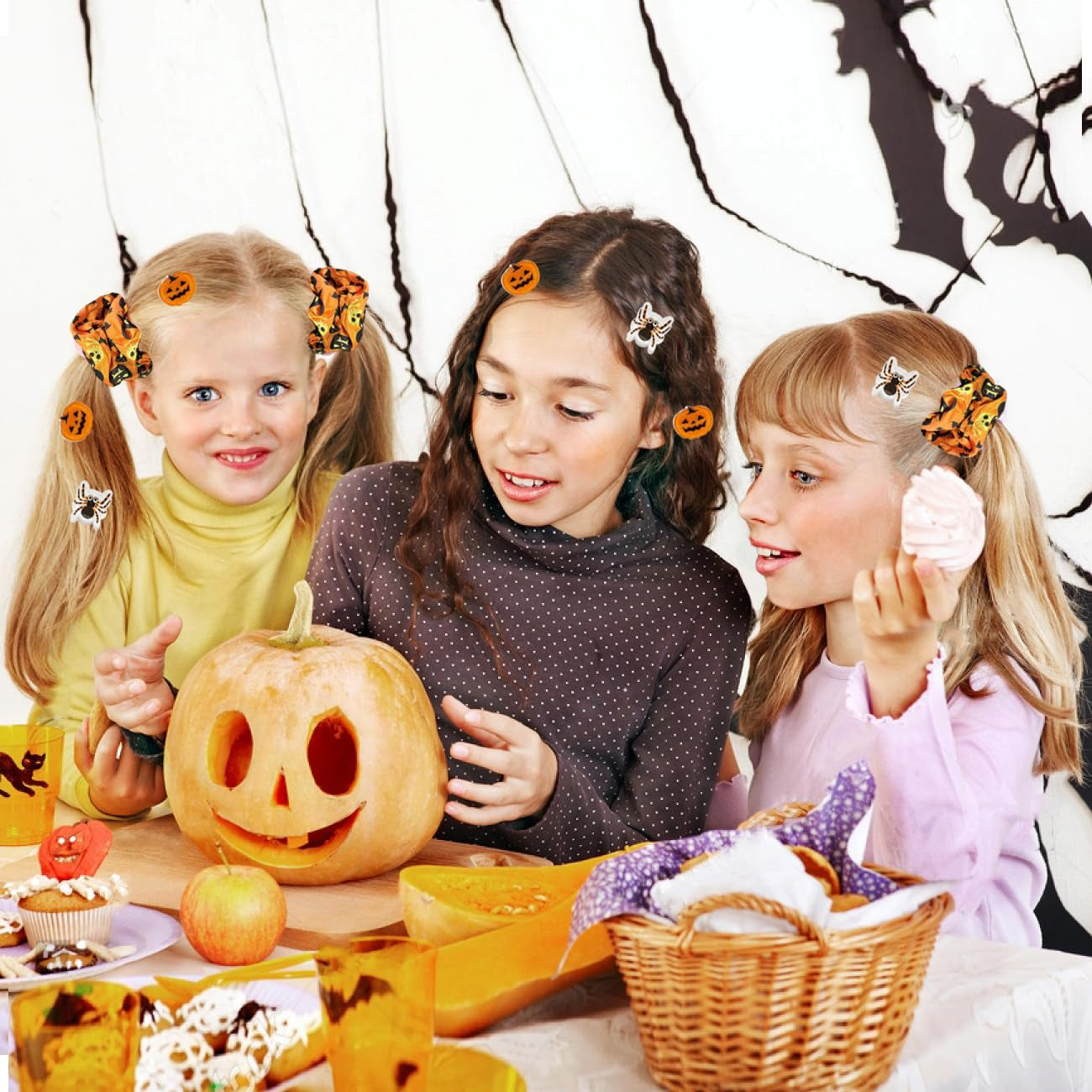 Halloween Hair Clips Sets, 8PC Small Halloween Hair Claw Clips and 2 Hair Ties, Pumpkin Ghost Bat Spider Shape Mini Hair Clips for Girls, Cute Hair Accessories