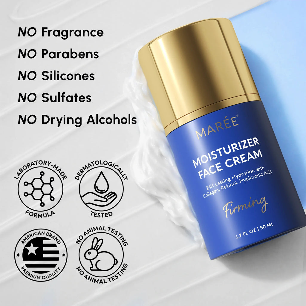 Marée collagen firming and lifting face moisturizer cream jar on a clean light surface