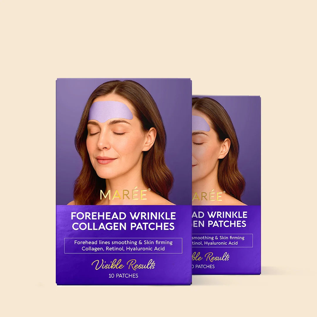 Marée anti-wrinkle forehead hydrogel patches applied to a woman's forehead, shown against a clean light background