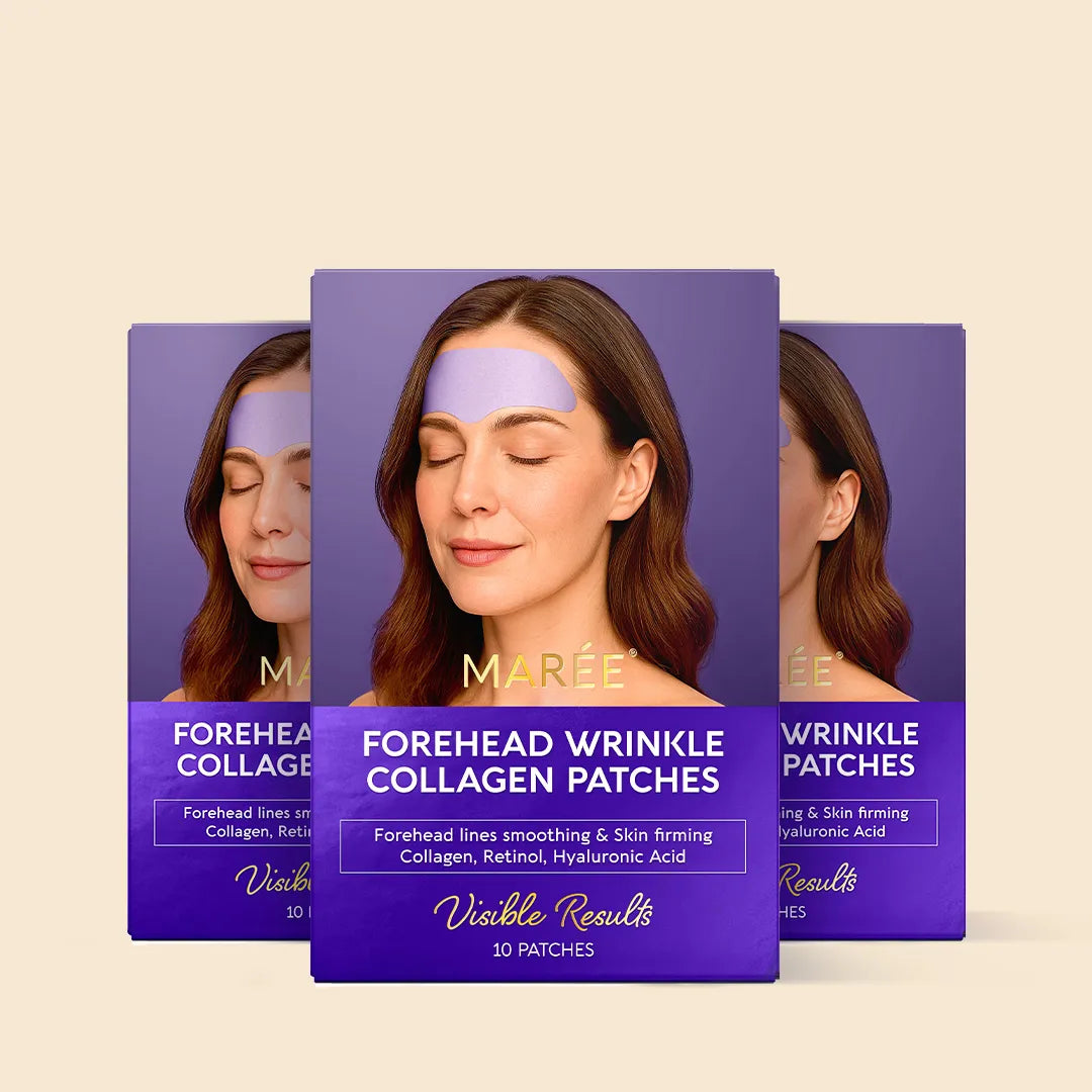 Marée anti-wrinkle forehead hydrogel patches applied to a woman's forehead, shown against a clean light background