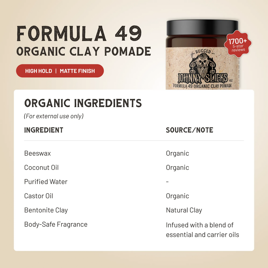 Formula 49 organic clay pomade jar on a clean surface, matte label, neutral background