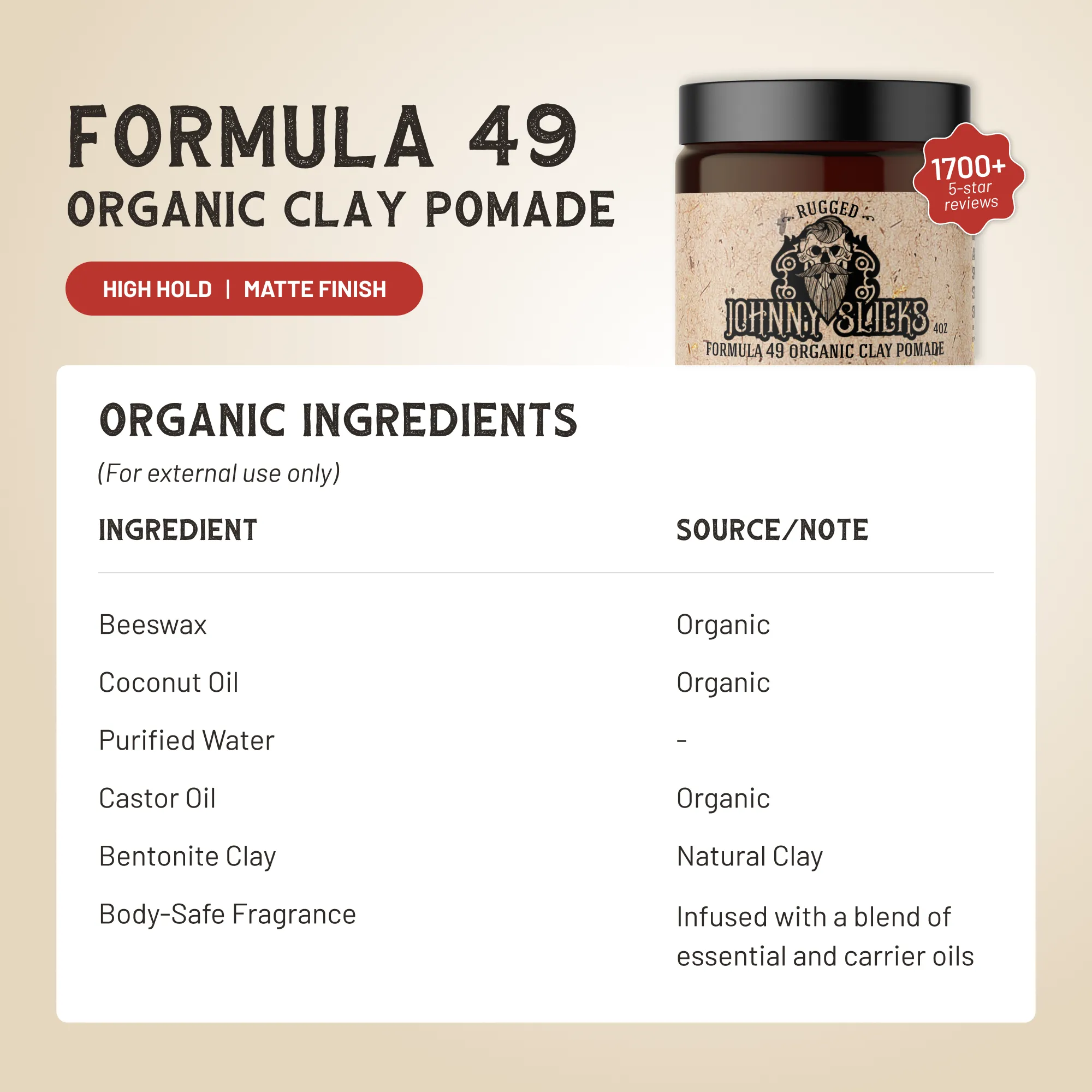 Formula 49 organic clay pomade jar on a clean surface, matte label, neutral background