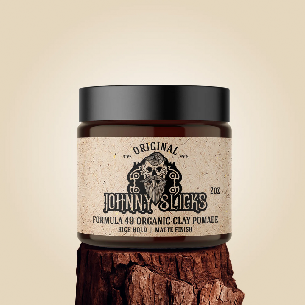 Formula 49 organic clay pomade jar on a clean surface, matte label, neutral background