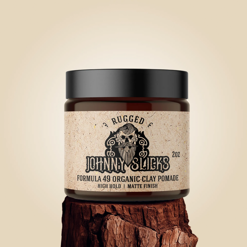 Formula 49 organic clay pomade jar on a clean surface, matte label, neutral background