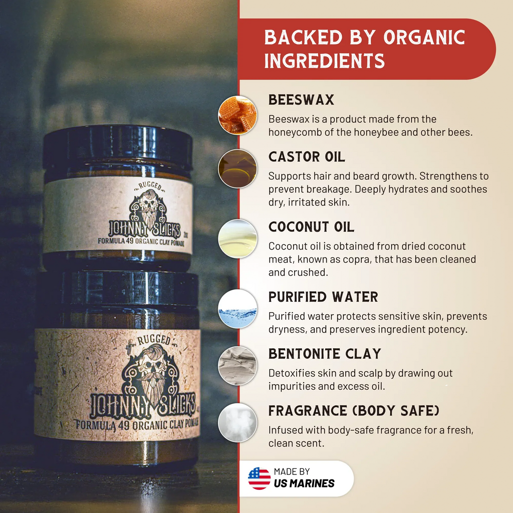 Formula 49 organic clay pomade jar on a clean surface, matte label, neutral background