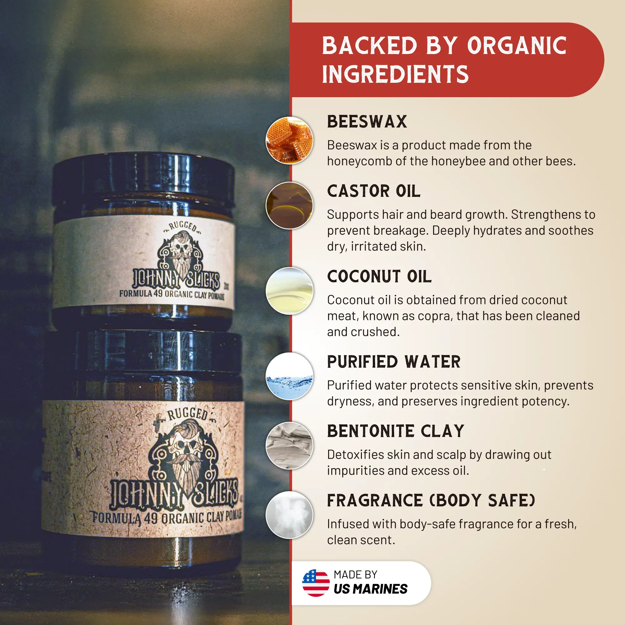Formula 49 organic clay pomade jar on a clean surface, matte label, neutral background