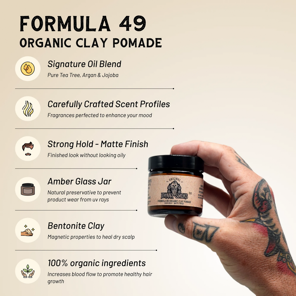 Formula 49 organic clay pomade jar on a clean surface, matte label, neutral background