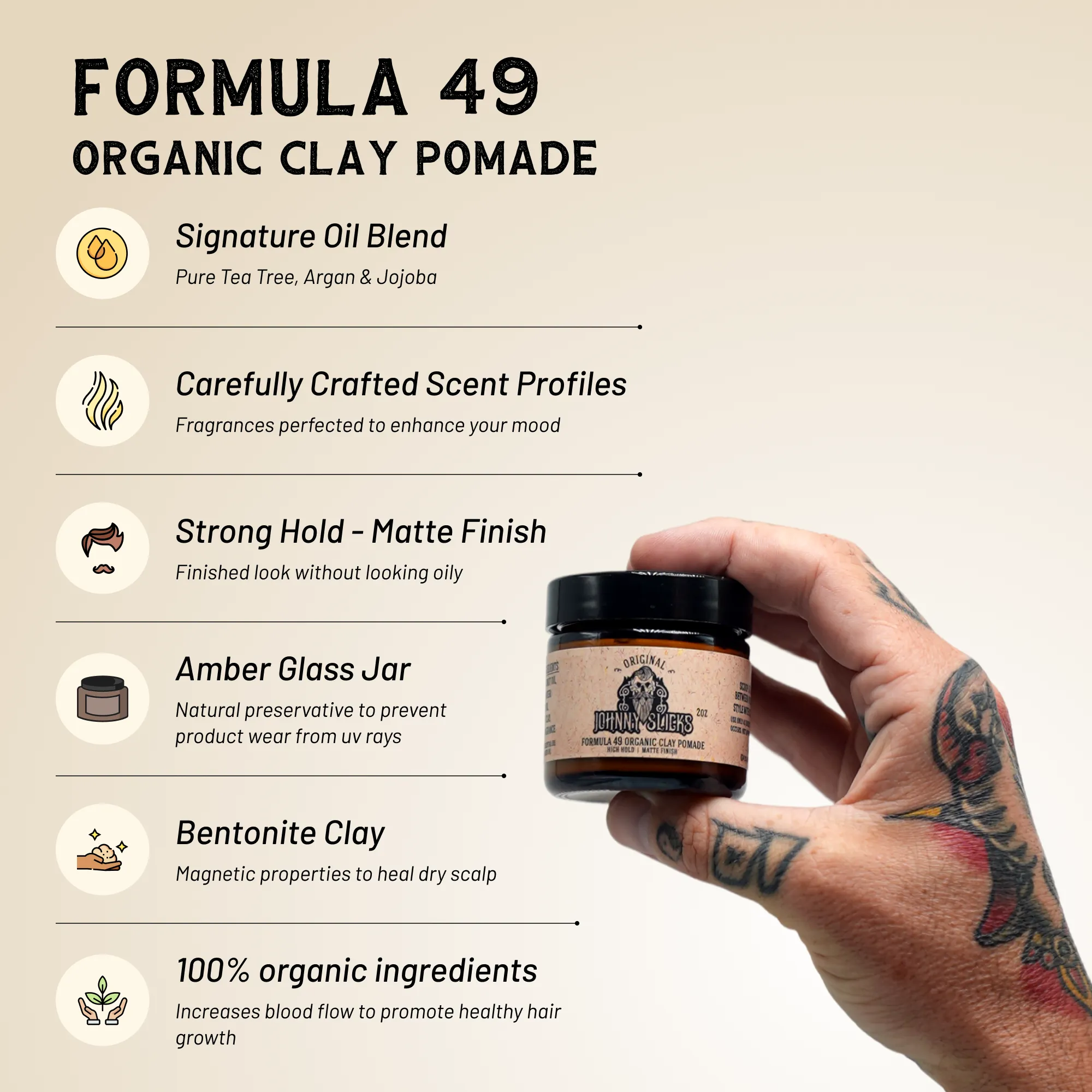Formula 49 organic clay pomade jar on a clean surface, matte label, neutral background
