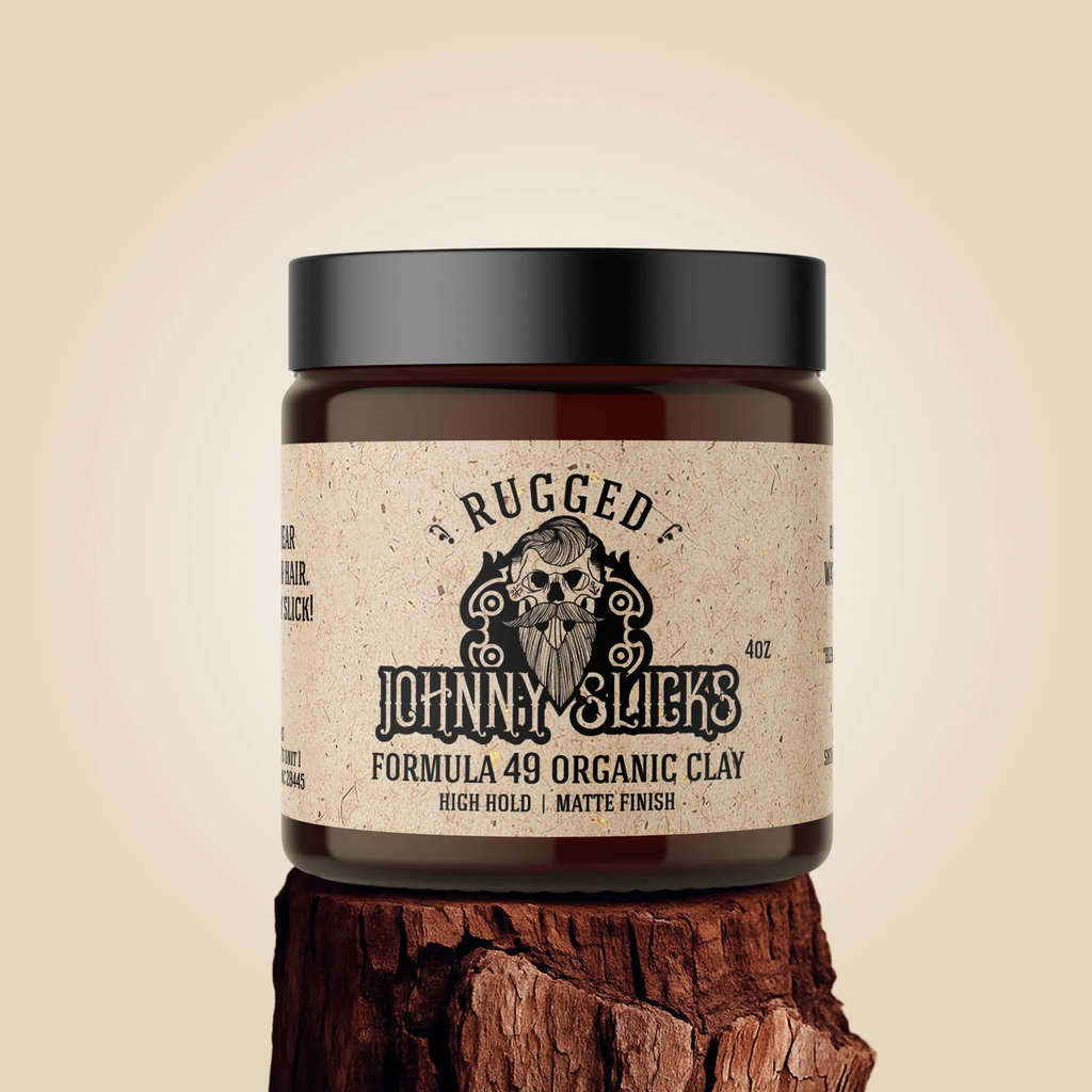 Formula 49 organic clay pomade jar on a clean surface, matte label, neutral background